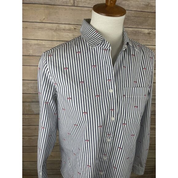 Banana Republic Small Quinn Boy Fit Button Up Striped Lip Print Blouse Blue Pink - Picture 2 of 11